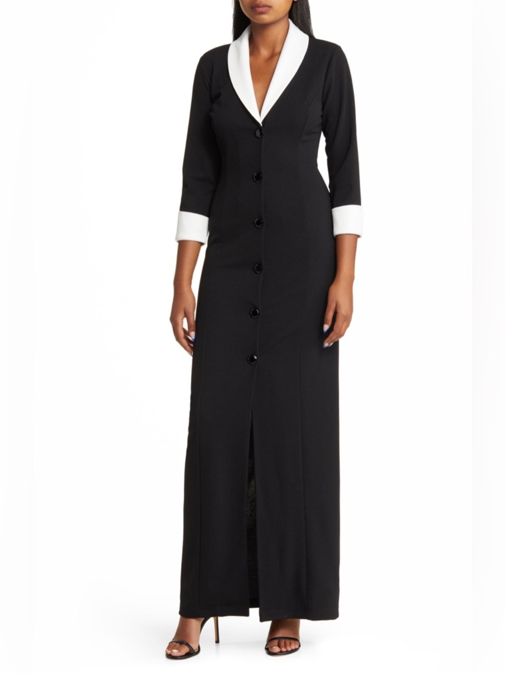 MARINA Black Blazer Maxi Dress Short Sleeve White Collar And Cuffs Size S